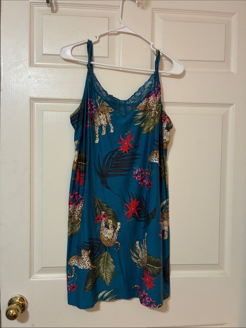 Teal Tropical Leopard Satin Slip with Lace Trim